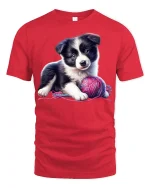 Cute Puppy Playing With Yarn Adorable Dog Cartoon T Shirt - red t-shirt on white background