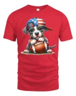Cute American Puppy Football Graphic Tee Patriotic Sports Art - red t-shirt on white background