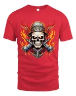 Flaming Skull Mechanic Warrior Graphic T Shirt With Bold Fire Art - red t-shirt on white background