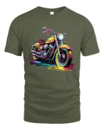 Colorful Motorcycle Splash Art Graphic T Shirt Street Rider Style - military green t-shirt on white background