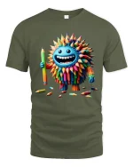 Funny Colorful Pencil Monster Cartoon Art Graphic T Shirt Design - military green t-shirt on white background