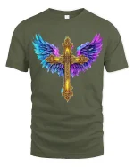 Golden Angel Wings Cross Faith Art Graphic T Shirt Design - military green t-shirt on white background