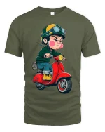 Angry Kid Riding Red Scooter Cartoon Art Graphic T Shirt - military green t-shirt on white background