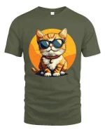 Cool Cat Wearing Sunglasses Cartoon Art Graphic T Shirt - military green t-shirt on white background