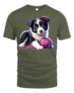 Cute Puppy Playing With Yarn Adorable Dog Cartoon T Shirt - military green t-shirt on white background