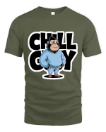 Chill Guy Cartoon Monkey Relaxed Attitude Graphic T Shirt - military green t-shirt on white background