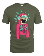Funny Shocked Skeleton Cartoon Graphic T Shirt With Bold Colors - military green t-shirt on white background