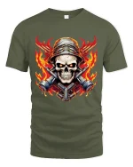 Flaming Skull Mechanic Warrior Graphic T Shirt With Bold Fire Art - military green t-shirt on white background