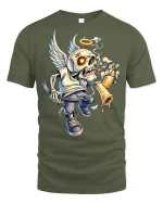 Angel Skull Graffiti Rebel Art Graphic T Shirt With Halo Wings - military green t-shirt on white background