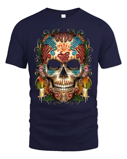 Sugar Skull Floral Art Graphic T Shirt With Vibrant Gothic Style - navy t-shirt on white background