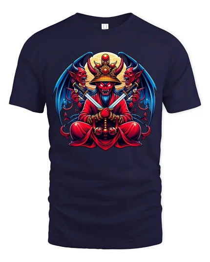Demon King Samurai Dark Fantasy Art Graphic T Shirt - navy t-shirt on white background