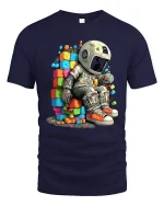 Astronaut Sitting on Colorful Blocks Space Art Graphic T Shirt - navy t-shirt on white background