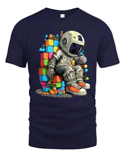 Astronaut Sitting on Colorful Blocks Space Art Graphic T Shirt - navy t-shirt on white background