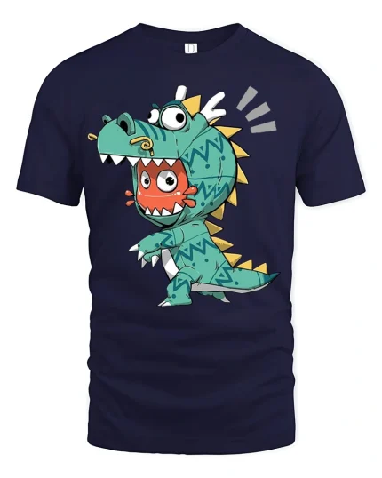 Funny Cute Dinosaur Costume Cartoon Graphic T Shirt Playful Style - navy t-shirt on white background