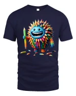 Funny Colorful Pencil Monster Cartoon Art Graphic T Shirt Design - navy t-shirt on white background