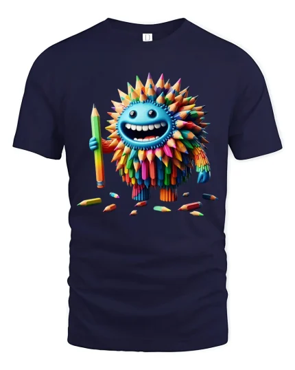 Funny Colorful Pencil Monster Cartoon Art Graphic T Shirt Design - navy t-shirt on white background