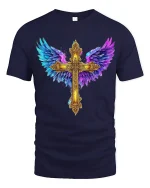 Golden Angel Wings Cross Faith Art Graphic T Shirt Design - navy t-shirt on white background