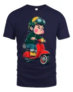 Angry Kid Riding Red Scooter Cartoon Art Graphic T Shirt - navy t-shirt on white background