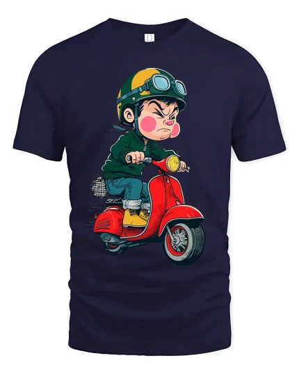Angry Kid Riding Red Scooter Cartoon Art Graphic T Shirt - navy t-shirt on white background