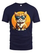 Cool Cat Wearing Sunglasses Cartoon Art Graphic T Shirt - navy t-shirt on white background