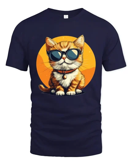 Cool Cat Wearing Sunglasses Cartoon Art Graphic T Shirt - navy t-shirt on white background