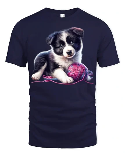 Cute Puppy Playing With Yarn Adorable Dog Cartoon T Shirt - navy t-shirt on white background