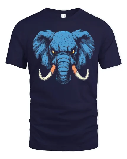 Fierce Blue Elephant Power Art Bold Wildlife Illustration T Shirt - navy t-shirt on white background