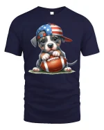 Cute American Puppy Football Graphic Tee Patriotic Sports Art - navy t-shirt on white background