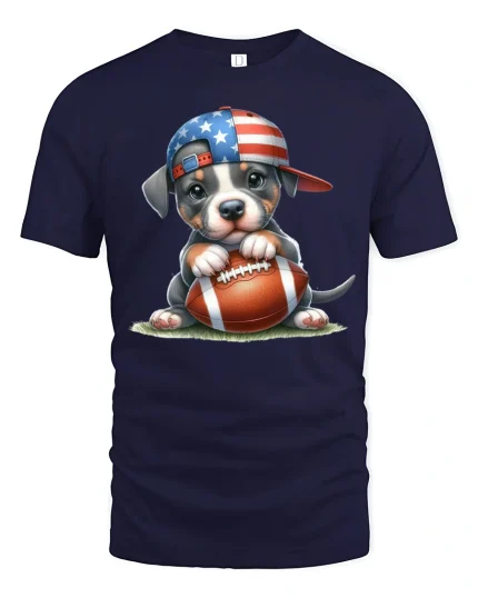 Cute American Puppy Football Graphic Tee Patriotic Sports Art - navy t-shirt on white background