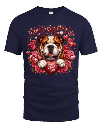 Happy Valentine Bulldog Love Graphic Tee Cute Dog Heart Art - navy t-shirt on white background