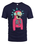 Funny Shocked Skeleton Cartoon Graphic T Shirt With Bold Colors - navy t-shirt on white background