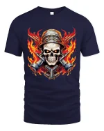 Flaming Skull Mechanic Warrior Graphic T Shirt With Bold Fire Art - navy t-shirt on white background