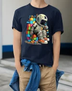 Astronaut Sitting on Colorful Blocks Space Art Graphic T Shirt - model wearing navy tee with hands in pockets
