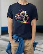 Colorful Motorcycle Splash Art Graphic T Shirt Street Rider Style - model wearing navy tee with hands in pockets