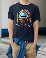 Funny Colorful Pencil Monster Cartoon Art Graphic T Shirt Design - model wearing navy tee with hands in pockets
