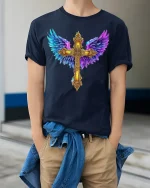Golden Angel Wings Cross Faith Art Graphic T Shirt Design - model wearing navy tee with hands in pockets