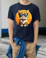 Cool Cat Wearing Sunglasses Cartoon Art Graphic T Shirt - model wearing navy tee with hands in pockets