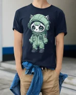 Cute Astronaut Cat Space Suit Cartoon Art Graphic T Shirt - model wearing navy tee with hands in pockets