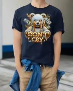 Dont Cry Teddy Bear Money Drip Cartoon Graphic T Shirt - model wearing navy tee with hands in pockets