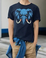 Fierce Blue Elephant Power Art Bold Wildlife Illustration T Shirt - model wearing navy tee with hands in pockets