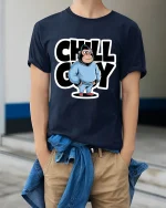 Chill Guy Cartoon Monkey Relaxed Attitude Graphic T Shirt - model wearing navy tee with hands in pockets