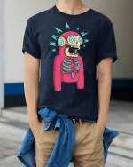 Funny Shocked Skeleton Cartoon Graphic T Shirt With Bold Colors - model wearing navy tee with hands in pockets
