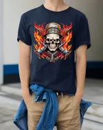 Flaming Skull Mechanic Warrior Graphic T Shirt With Bold Fire Art - model wearing navy tee with hands in pockets