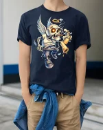 Angel Skull Graffiti Rebel Art Graphic T Shirt With Halo Wings - model wearing navy tee with hands in pockets