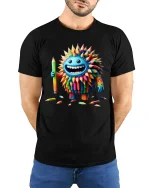 Funny Colorful Pencil Monster Cartoon Art Graphic T Shirt Design - model wearing black tee with hands behind back