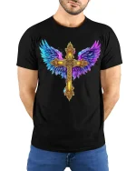 Golden Angel Wings Cross Faith Art Graphic T Shirt Design - model wearing black tee with hands behind back