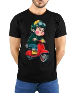 Angry Kid Riding Red Scooter Cartoon Art Graphic T Shirt - model wearing black tee with hands behind back