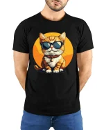 Cool Cat Wearing Sunglasses Cartoon Art Graphic T Shirt - model wearing black tee with hands behind back