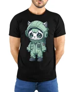 Cute Astronaut Cat Space Suit Cartoon Art Graphic T Shirt - model wearing black tee with hands behind back