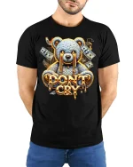 Dont Cry Teddy Bear Money Drip Cartoon Graphic T Shirt - model wearing black tee with hands behind back